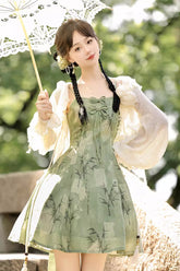 グリーンの竹プリントのレースアップの甘い中国風ロリータ Jsk ドレス